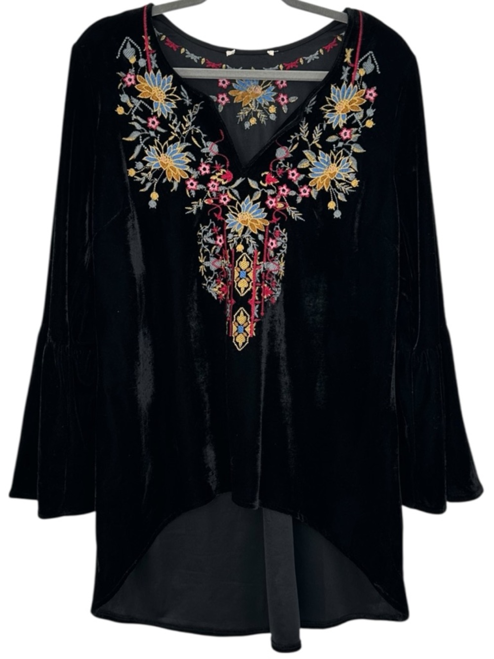 Solitaire Black Velvet Embroidered Long Sleeve Boho Chic Loose Top Oversized